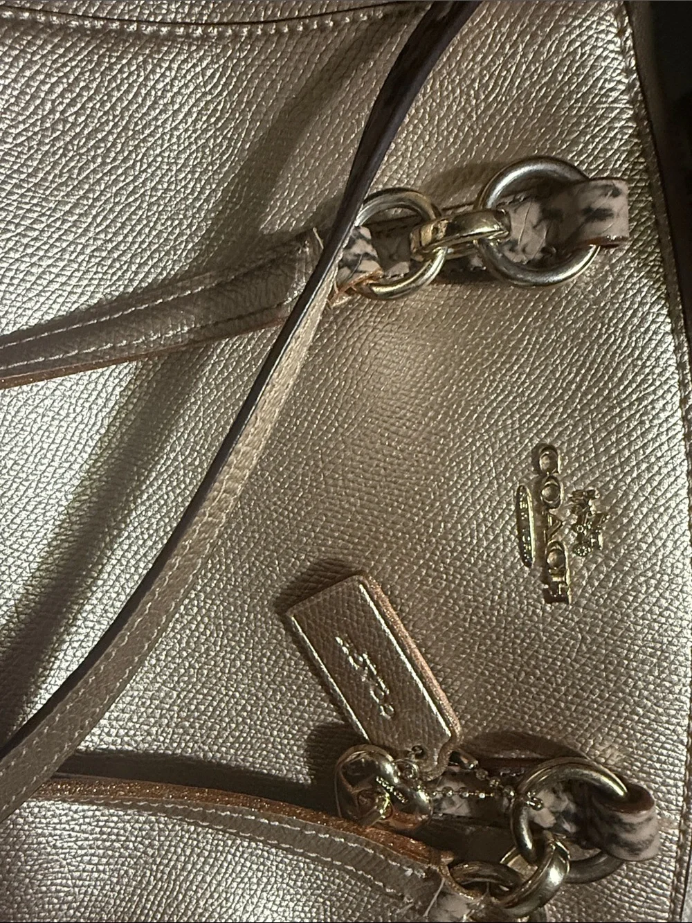 Coach Metallic Rose Gold Satchel with Snake-Print Strap and Top Handles - Picture 12 of 15